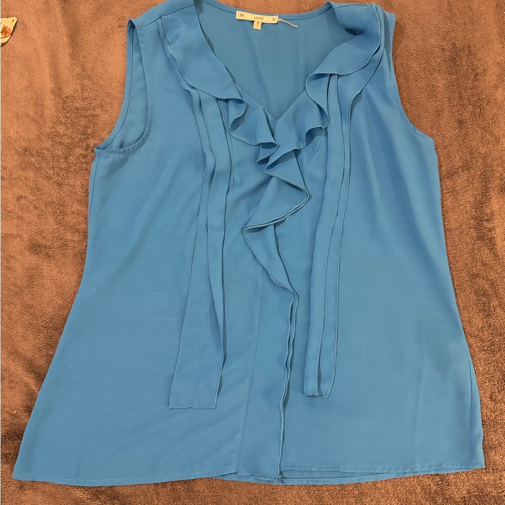 Blue Sleeveless Ruffle Blouse